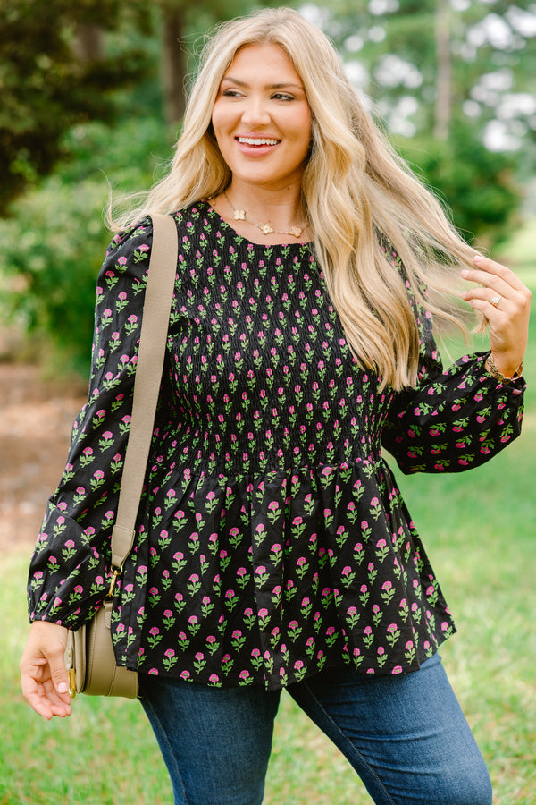 Chic Soul plus size clothing, black long bubble sleeve top with rouching on the chest and flowy peplum bottom and pink floral print