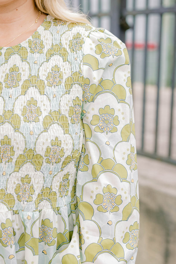 Chic Soul plus size clothing, green and blue floral print long sleeve baby dol top with textured fitted top