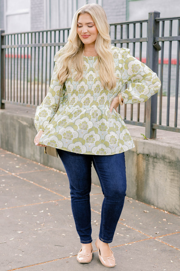 Chic Soul plus size clothing, green and blue floral print long sleeve baby dol top with textured fitted top