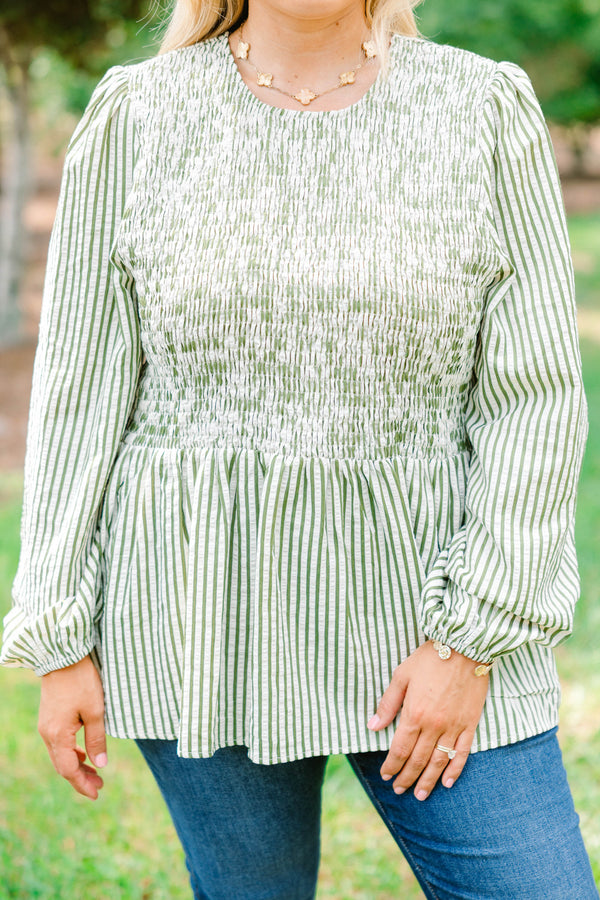 Chic Soul plus size clothing, green and white vertical pin stripe with rouching on the top and a peplum hem