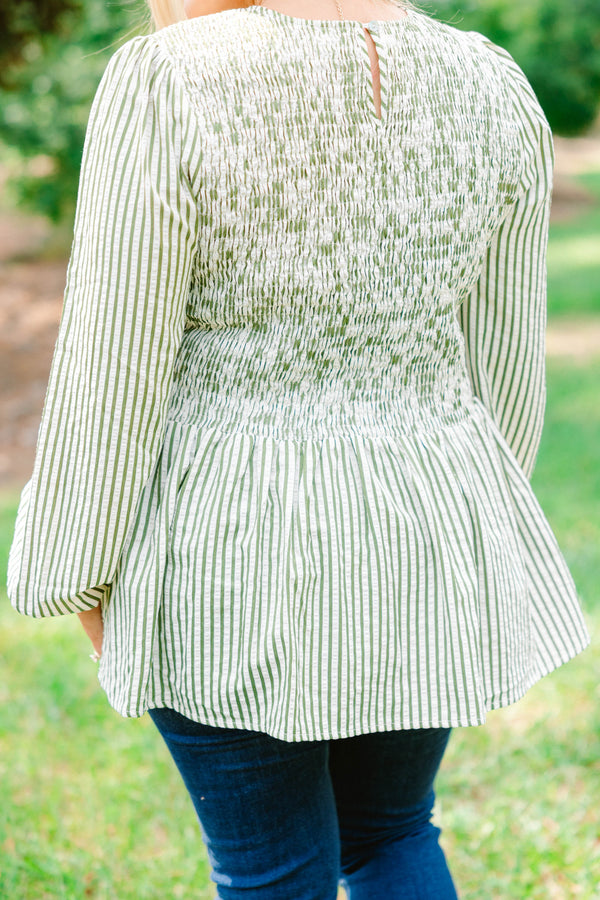 Chic Soul plus size clothing, green and white vertical pin stripe with rouching on the top and a peplum hem