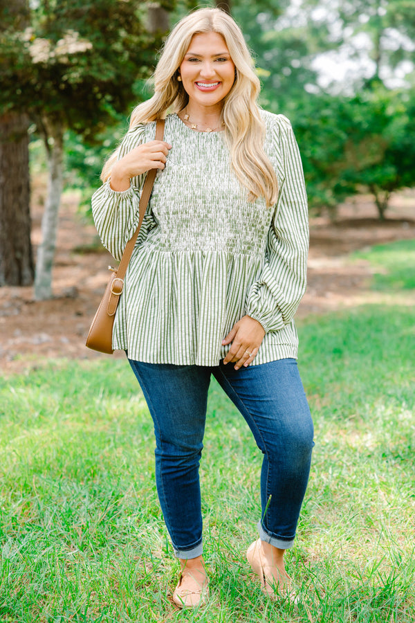 Chic Soul plus size clothing, green and white vertical pin stripe with rouching on the top and a peplum hem
