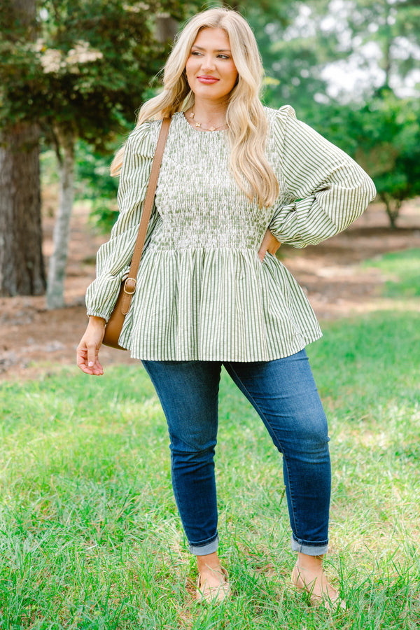 Chic Soul plus size clothing, green and white vertical pin stripe with rouching on the top and a peplum hem