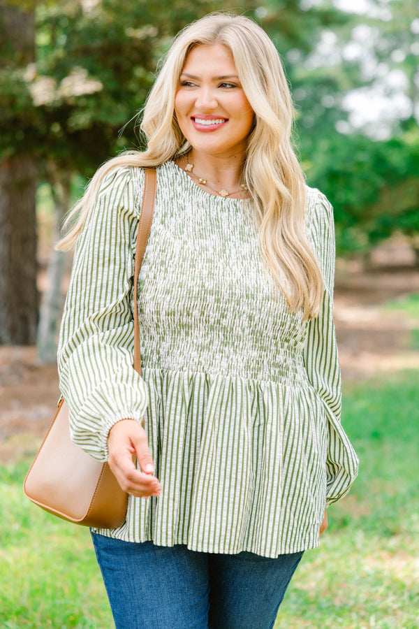 Chic Soul plus size clothing, green and white vertical pin stripe with rouching on the top and a peplum hem
