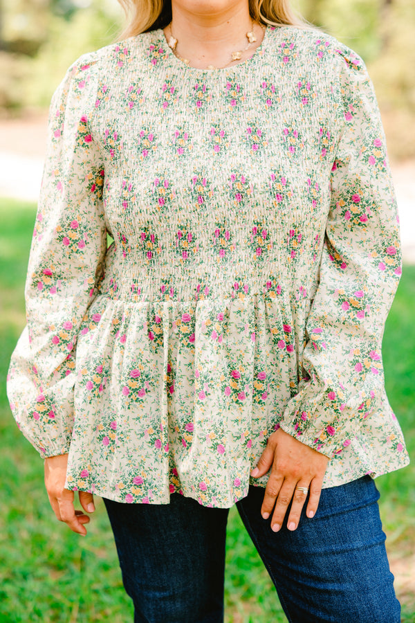 Chic Soul plus size clothing, Ivory long sleeve babydoll blouse with pink and green floral