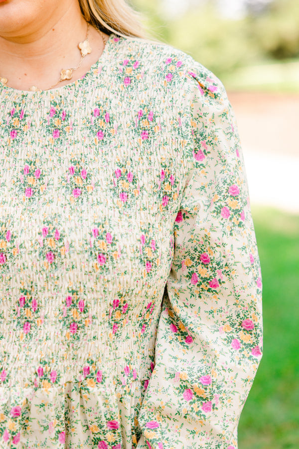 Chic Soul plus size clothing, Ivory long sleeve babydoll blouse with pink and green floral