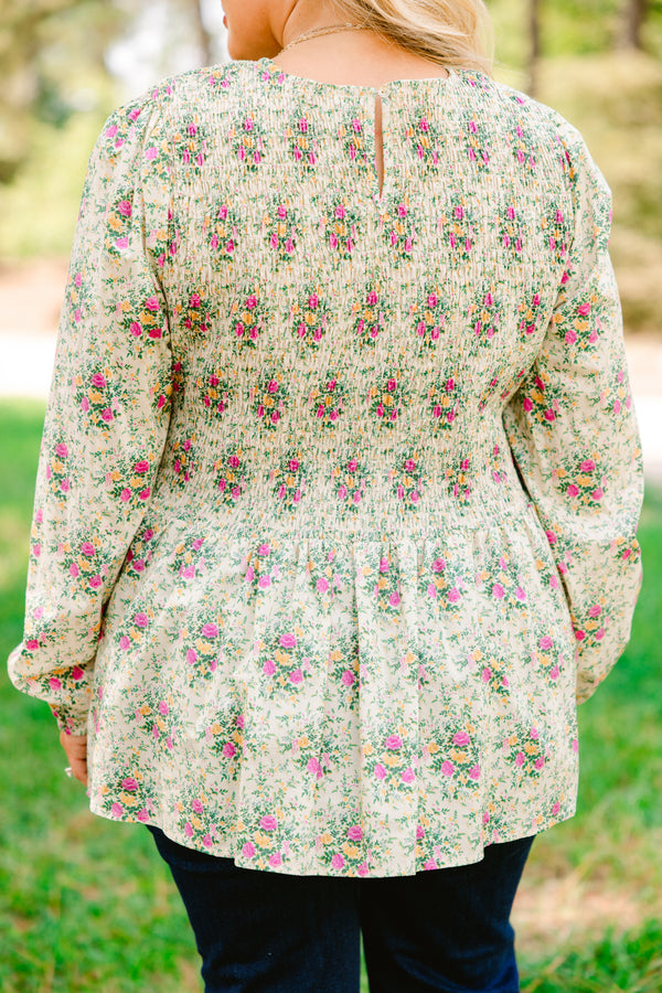 Chic Soul plus size clothing, Ivory long sleeve babydoll blouse with pink and green floral