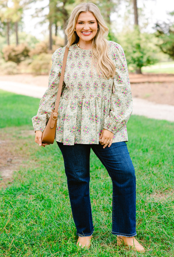Chic Soul plus size clothing, Ivory long sleeve babydoll blouse with pink and green floral