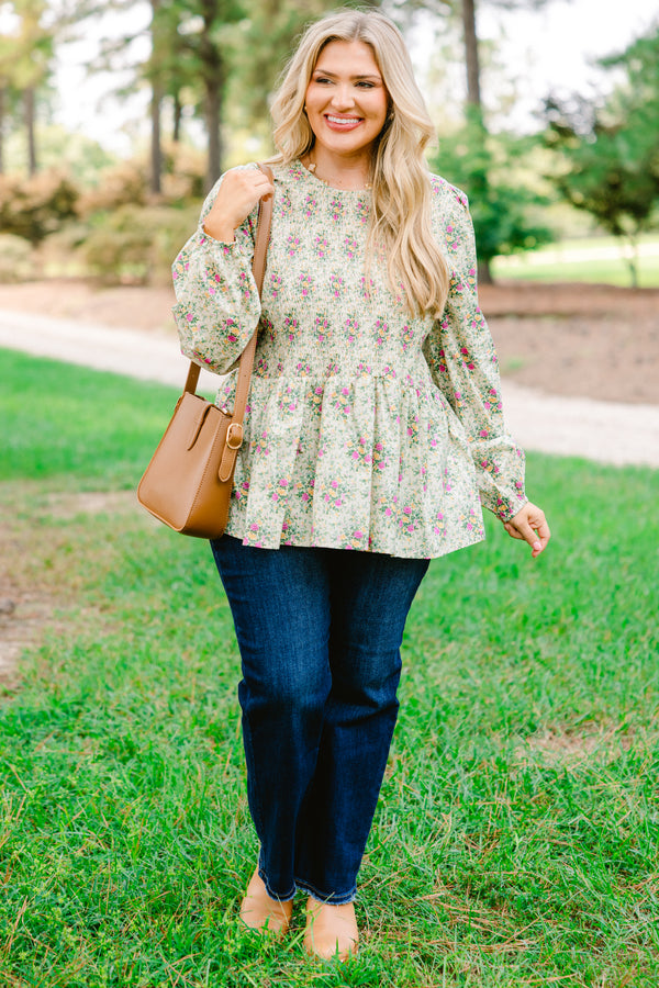 Chic Soul plus size clothing, Ivory long sleeve babydoll blouse with pink and green floral