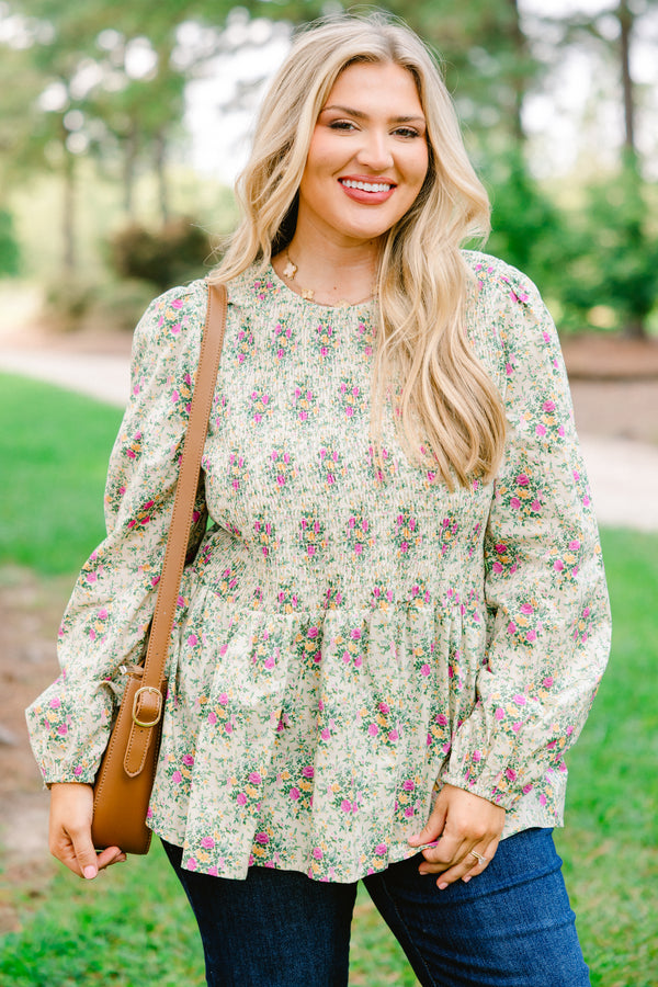 Chic Soul plus size clothing, Ivory long sleeve babydoll blouse with pink and green floral