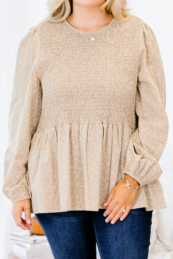 Chic Soul plus size clothing, light olive babydoll long sleeve top with white floral pattern and a gathered bodice 