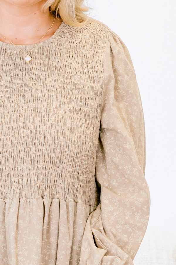 Chic Soul plus size clothing, light olive babydoll long sleeve top with white floral pattern and a gathered bodice 