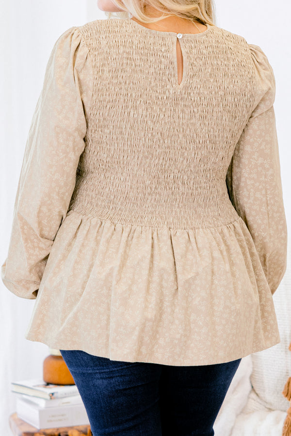 Chic Soul plus size clothing, light olive babydoll long sleeve top with white floral pattern and a gathered bodice 