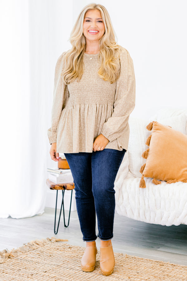 Chic Soul plus size clothing, light olive babydoll long sleeve top with white floral pattern and a gathered bodice 