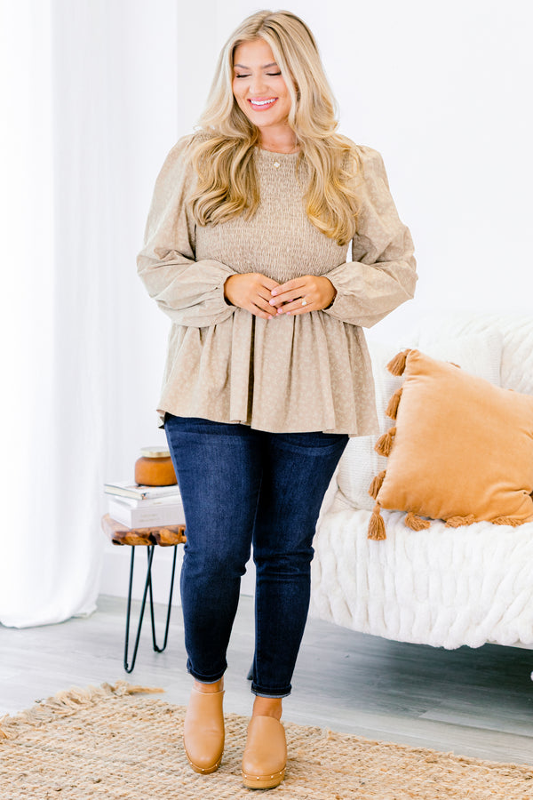 Chic Soul plus size clothing, light olive babydoll long sleeve top with white floral pattern and a gathered bodice 