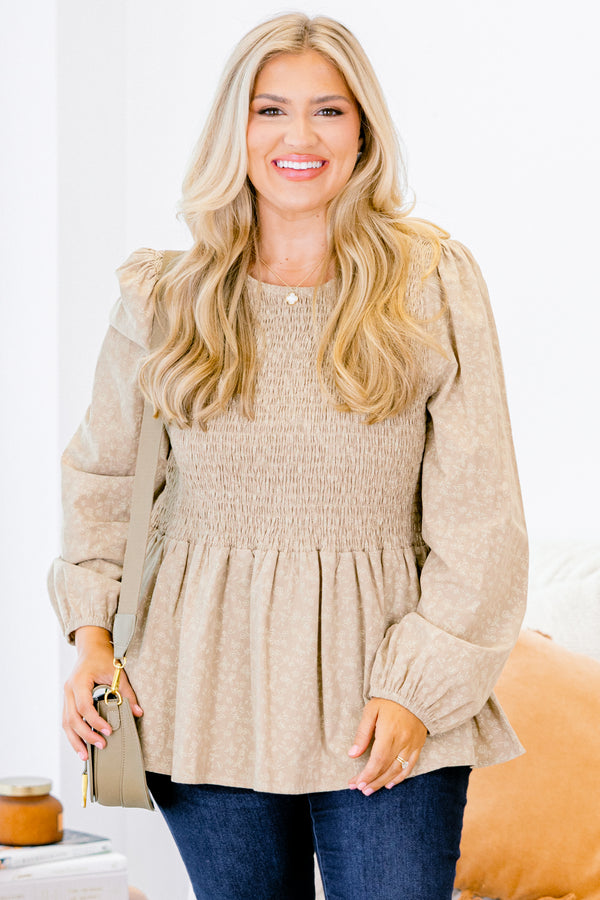 Chic Soul plus size clothing, light olive babydoll long sleeve top with white floral pattern and a gathered bodice 