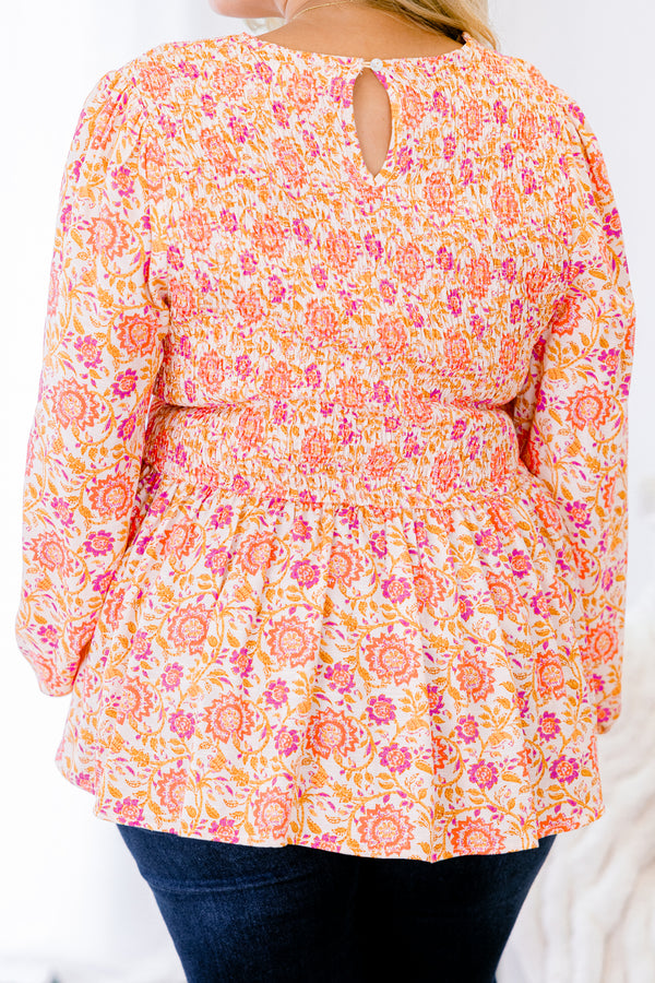 Chic Soul plus size clothing, orange and pink floral babydoll long sleeve top