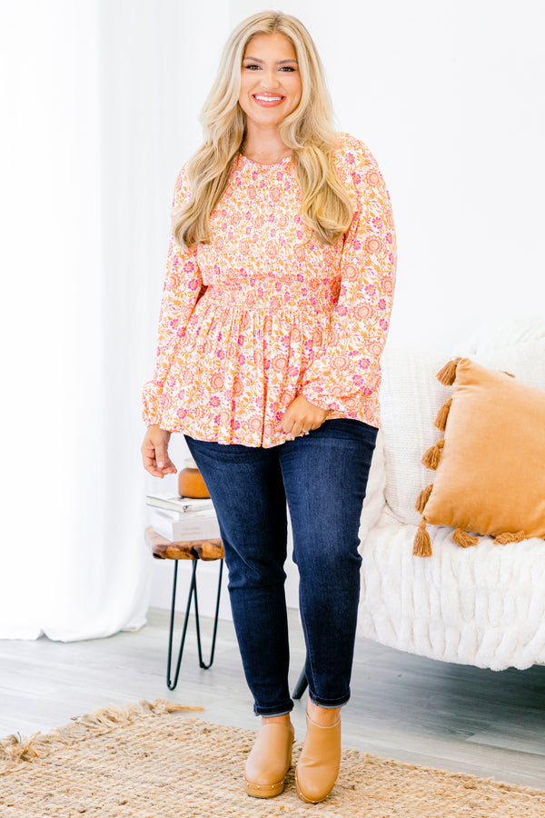 Chic Soul plus size clothing, orange and pink floral babydoll long sleeve top