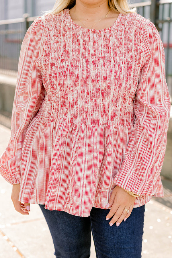 Chic Soul plus size clothing, red and white patterned long sleeve baby doll top with rouching on the chest
