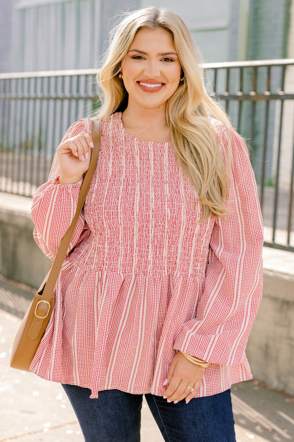 Chic Soul plus size clothing, red and white patterned long sleeve baby doll top with rouching on the chest