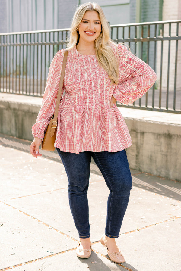 Chic Soul plus size clothing, red and white patterned long sleeve baby doll top with rouching on the chest
