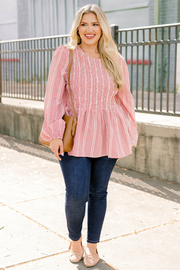 Chic Soul plus size clothing, red and white patterned long sleeve baby doll top with rouching on the chest