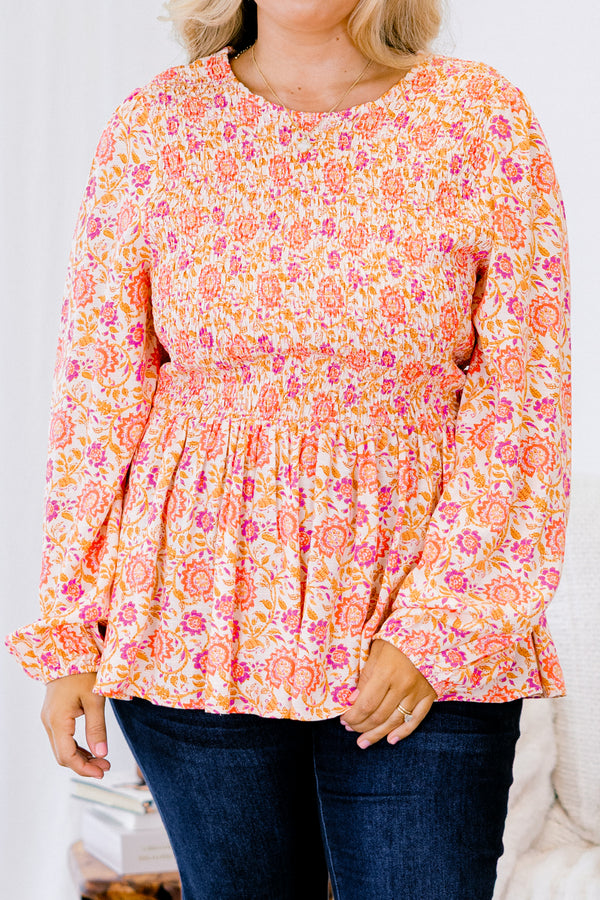 Chic Soul plus size clothing, orange and pink floral babydoll long sleeve top