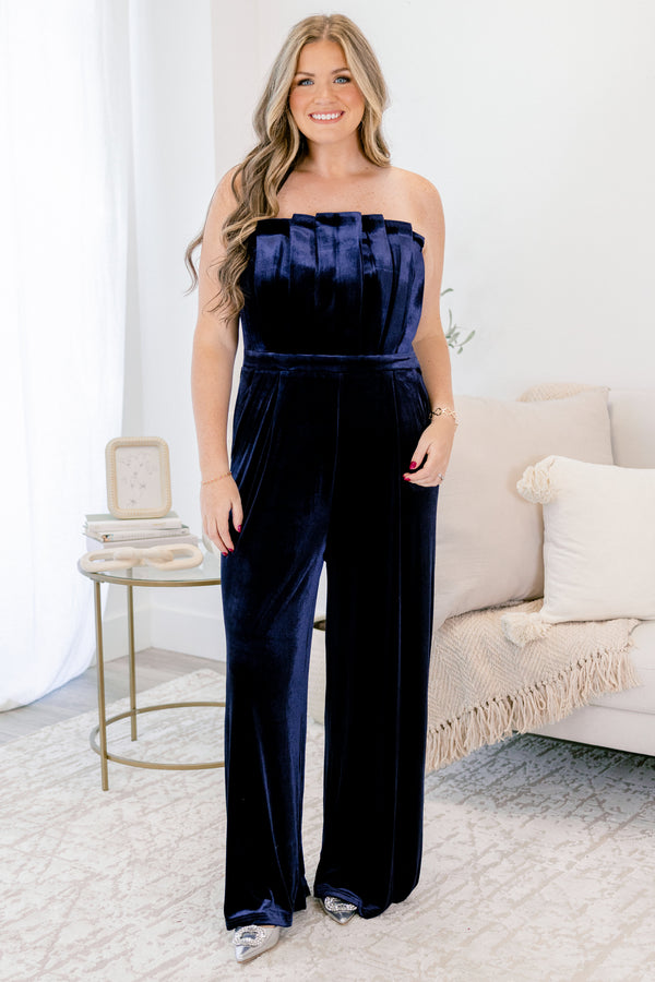 Chic Soul plus size clothing, navy blue velvet strapless pants romper with pleating detailing on the bodice