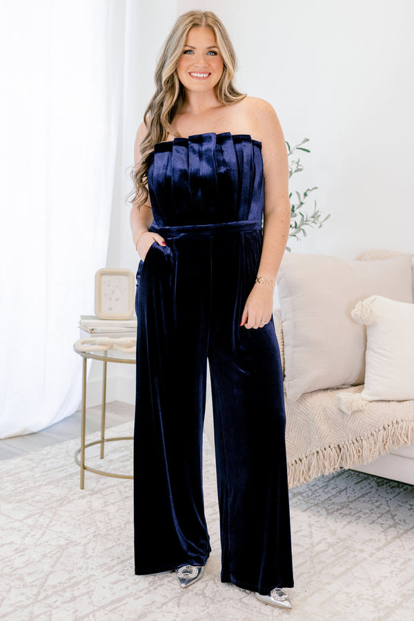 Chic Soul plus size clothing, navy blue velvet strapless pants romper with pleating detailing on the bodice