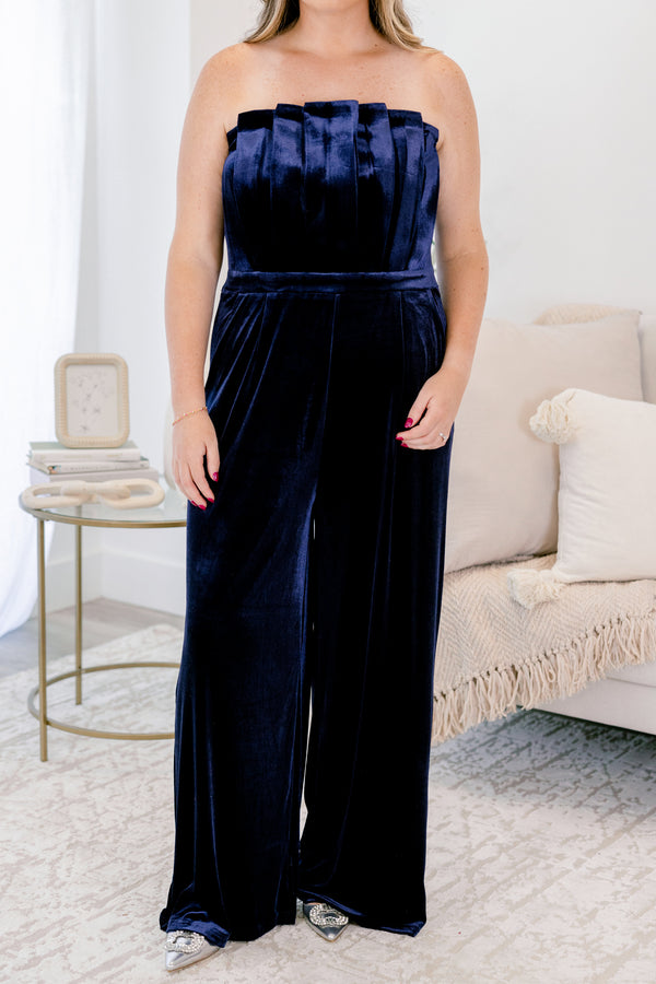 Chic Soul plus size clothing, navy blue velvet strapless pants romper with pleating detailing on the bodice