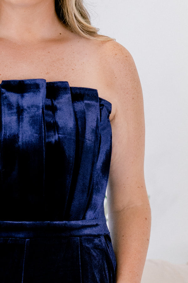 Chic Soul plus size clothing, navy blue velvet strapless pants romper with pleating detailing on the bodice