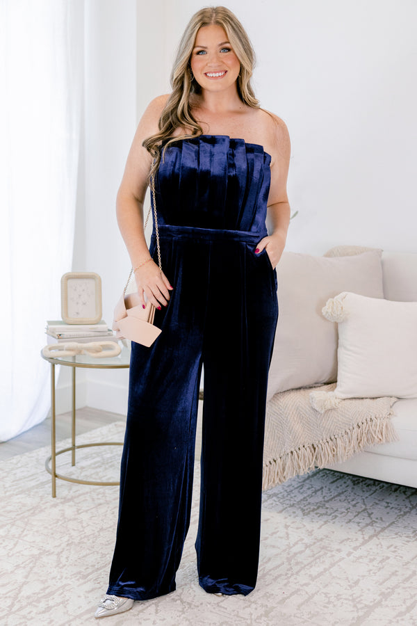 Chic Soul plus size clothing, navy blue velvet strapless pants romper with pleating detailing on the bodice