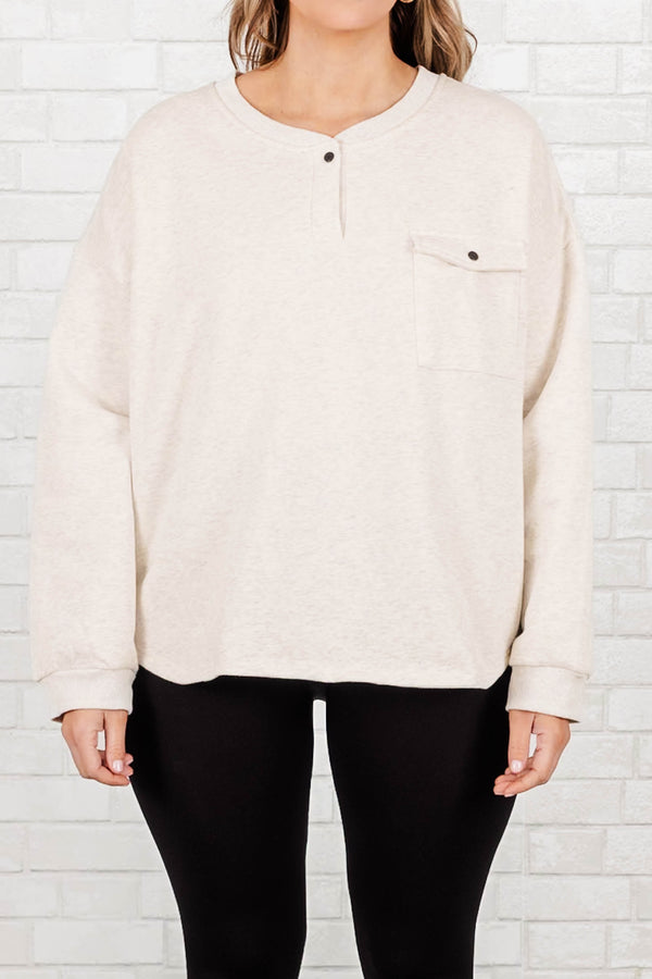 Chic Soul plus size clothing, oatmeal sweater with a button clasp at neckline and a front pocket