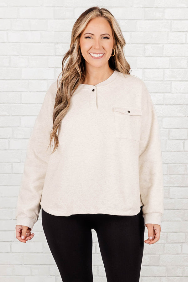 Chic Soul plus size clothing, oatmeal sweater with a button clasp at neckline and a front pocket