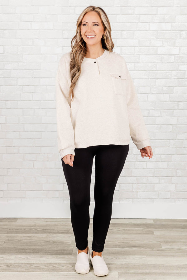 Chic Soul plus size clothing, oatmeal sweater with a button clasp at neckline and a front pocket