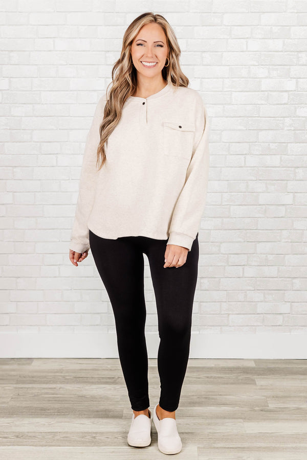 Chic Soul plus size clothing, oatmeal sweater with a button clasp at neckline and a front pocket