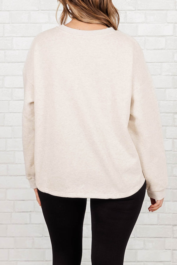 Chic Soul plus size clothing, oatmeal sweater with a button clasp at neckline and a front pocket