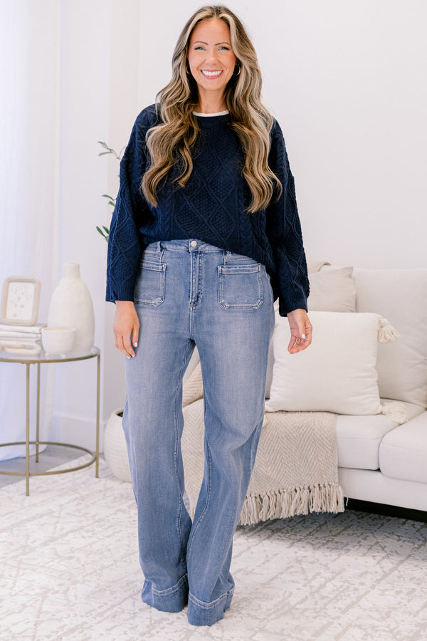 Chic Soul plus size clothing, medium wash straight leg blue jeans with 2 front sailor pockets