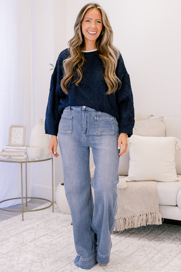 Chic Soul plus size clothing, medium wash straight leg blue jeans with 2 front sailor pockets