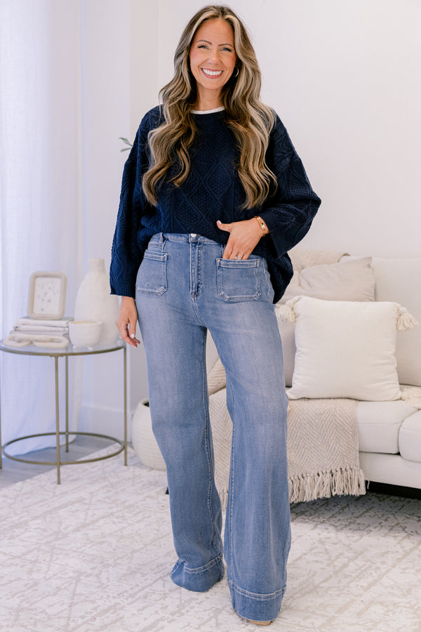 Chic Soul plus size clothing, medium wash straight leg blue jeans with 2 front sailor pockets