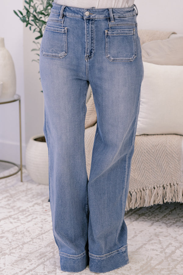 Chic Soul plus size clothing, medium wash straight leg blue jeans with 2 front sailor pockets