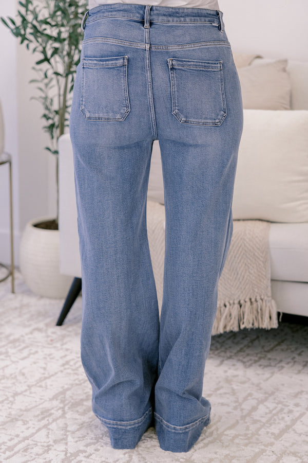 Chic Soul plus size clothing, medium wash straight leg blue jeans with 2 front sailor pockets