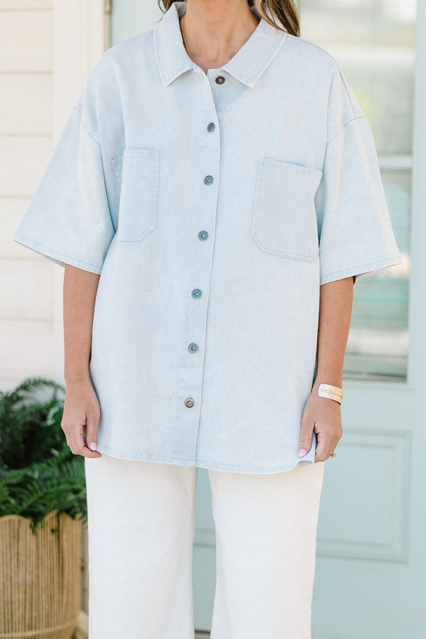 Chic Soul plus size clothing, light blue buttoned short sleeve collared top