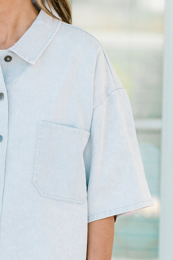 Chic Soul plus size clothing, light blue buttoned short sleeve collared top