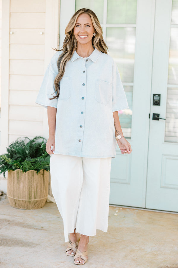 Chic Soul plus size clothing, light blue buttoned short sleeve collared top