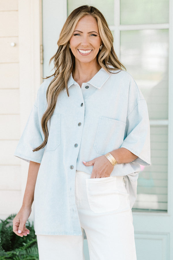 Chic Soul plus size clothing, light blue buttoned short sleeve collared top