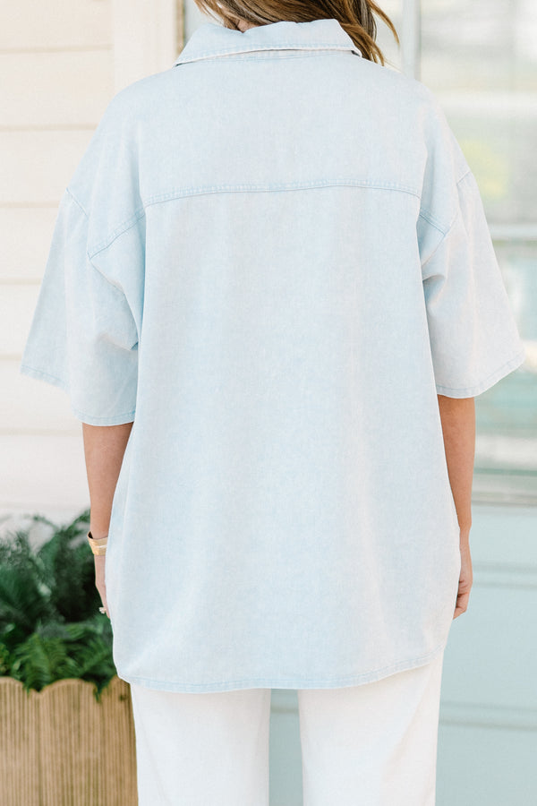 Chic Soul plus size clothing, light blue buttoned short sleeve collared top