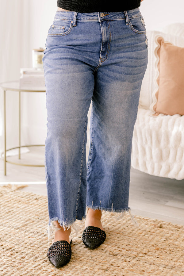 Chic Soul plus size clothing, medium wash midrise wide leg blue jeans with a  distressed hem