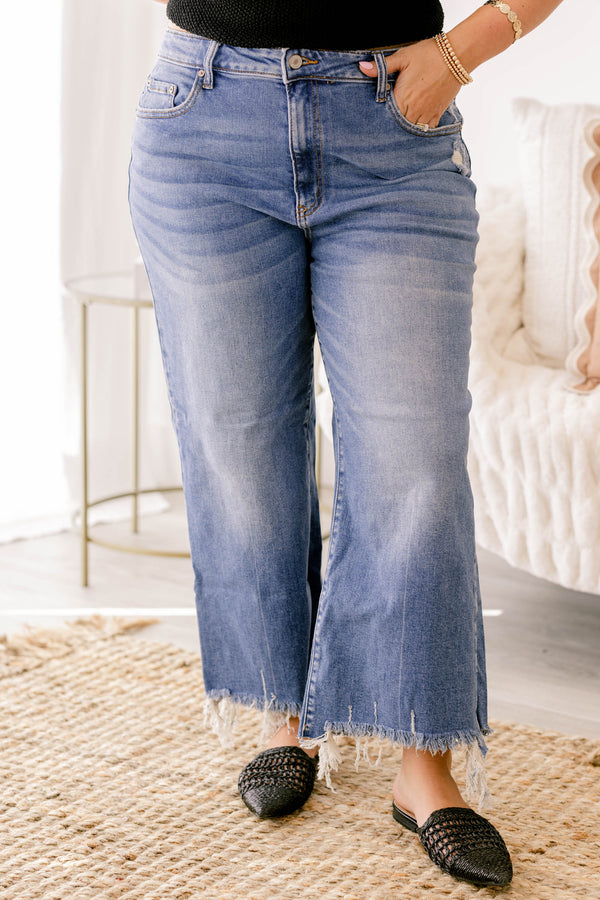 Chic Soul plus size clothing, medium wash midrise wide leg blue jeans with a  distressed hem