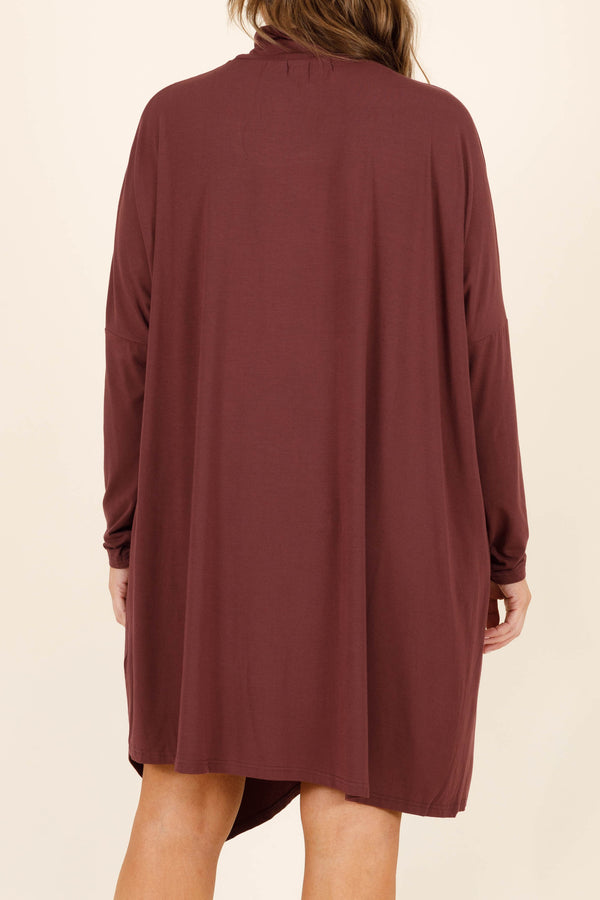 Chic Soul plus size clothing, plum long sleeve flowy dress with a high neckline